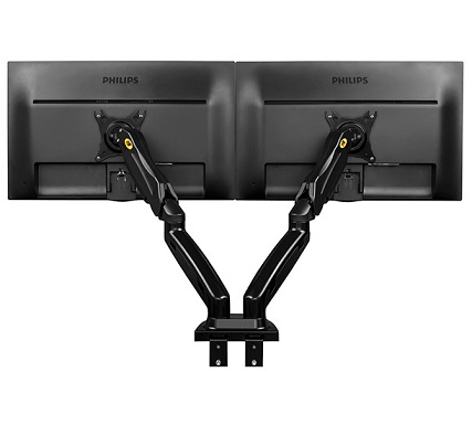 זרוע שולחנית הידראולית דו מפרקית לשני מסכי מחשב נצמד לשולחן (אפשרות הברגה) לגודל מסך 17 עד 32 אינץ' עד משקל 9 קילו לכל מסך כולל כיוון גובה NB North Bayou F-160 Gas Strut Desktop Mount